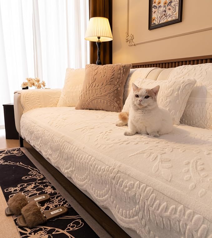White Fuzzy Rabbit Plush Sofa Cover Cozy Warm Sofa Couch Covers with 3D Jacquard Leaf Pattern Non-Slip Easy-to-Install Shaggy Sofa Slipcover Prefect for Kids Dogs Cats Cats(White,36"x110")