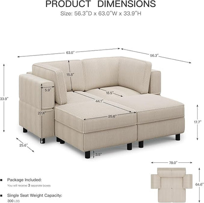 63" Modular Sectional Sofa with Storage Seat,Corduroy Sectional Couch Convertible 4 Seat Modular Sleeper Sofa Couch with Movable Ottoman Chaise,Comfy Sectional Couches for Living Room,Beige