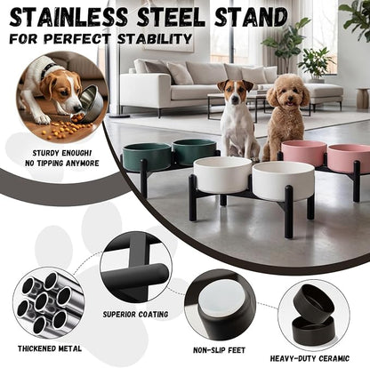 Raised Ceramic Dog Bowl Set with Stand, 3.5 Cups Elevated Dog Food Stand | 6.1'' Double Dog Food and Water Bowl Set, Non-Slip Dog Feeding Dishes for Small to Medium Breeds, 29.57 OZ, Green