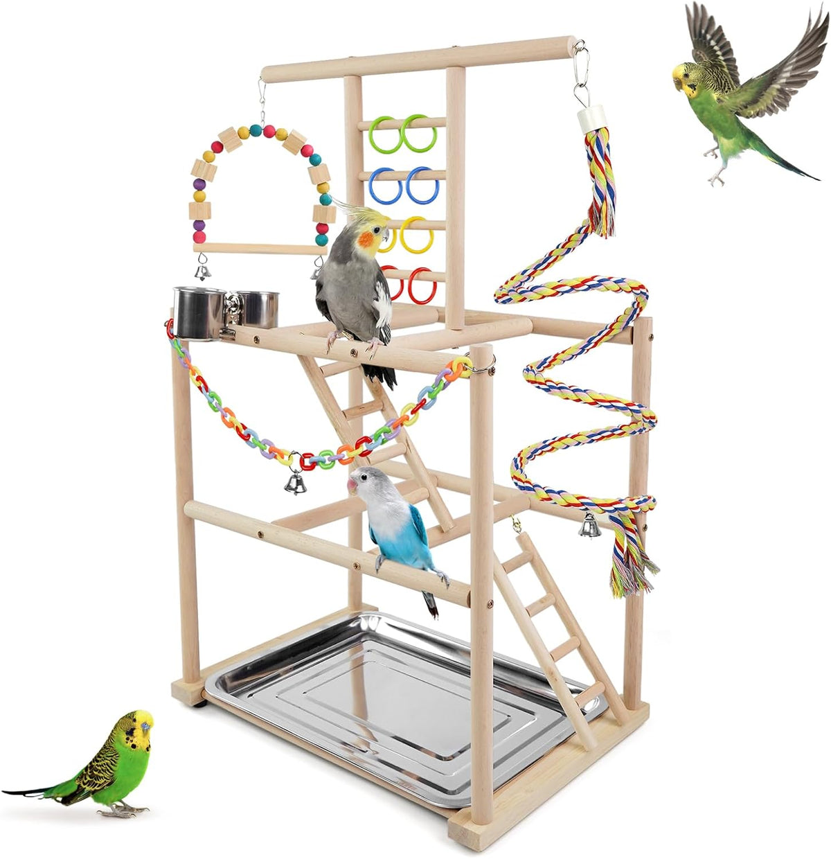 Bird Playground, Parrots Playstand for Small to Medium Birds, Perch Stand with 3 Ladders Playgym with Rope Perch, Swings Feeder Cups Bird Cage Accessories for Conure Cockatiel Lovebirds