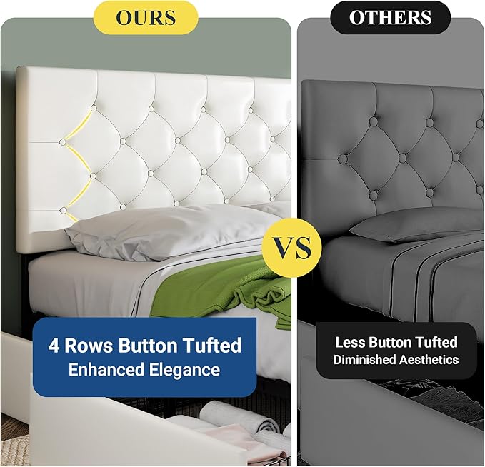 Allewie Upholstered Queen Size Platform Bed Frame with 4 Storage Drawers and Headboard, Diamond Stitched Button Tufted, Mattress Foundation with Wooden Slats Support, No Box Spring Needed, White