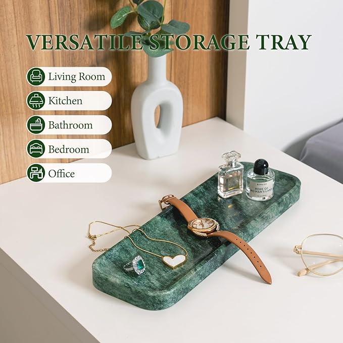 Koville Marble Tray for Bathroom Sink, 12"x4" Natural Stone Vanity Tray for Kitchen Dresser Countertop, Rectangular Decorative Marble Tray for Jewelry Perfume Trinket(Green)