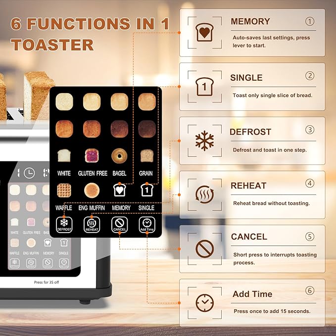 4 Slice Toaster Touch Screen, Stainless Steel Toasters Digital Timer, Dual
