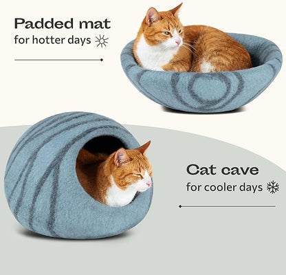 MEOWFIA Cat Cave – Premium Felt Cat Bed for Indoor Cats, Handmade 100% Merino Wool (Aquamarine, Large)