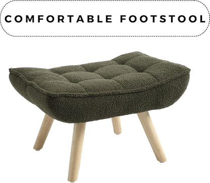 QUINJAY Modern Sherpa Accent Chair with Ottoman Set of 2, Fluffy Upholstered Lounge Chair with Footrest, Comfy Living Room Side Boucle Armchair for Small Space Bedroom, Green