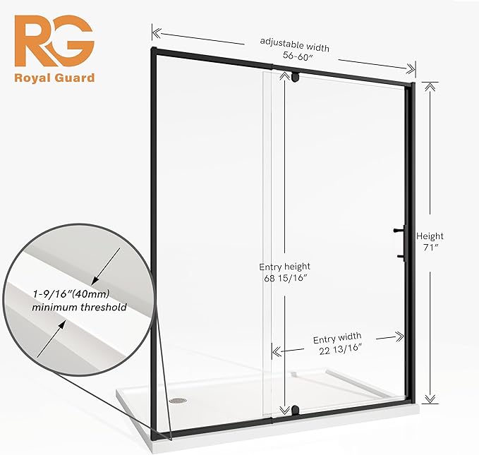 56-60" W x 71" H Pivot Swing Glass Shower Door, Pivot Frame Shower Door