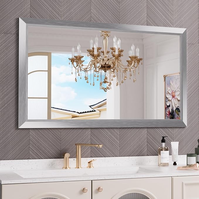 Amorho Bathroom Mirror, 50 X30 Inch Silver Thick Metal Framed Wall Mirrors