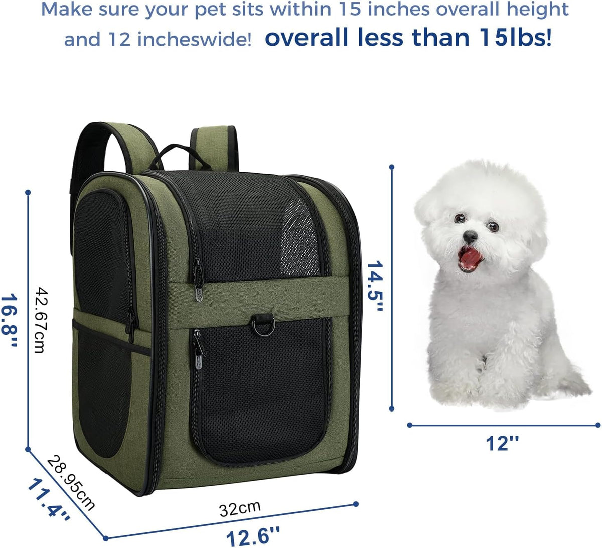 Apollo Walker Dog & Cat Carrier Backpack for 4-15lb Pets - Ventilated Safe Design with Padded Back Support, Breathable Mesh Pet Backpack for Hiking, Travel, Outdoor (Green)