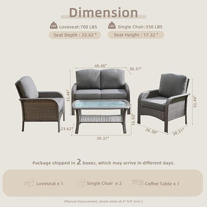 CAODOC 4-Piece Wicker Patio Furniture Set, All-Weather Rattan Conversation Bistro Loveseat Chair and Table Set for Backyard, Balcony and Deck with Soft Cushions and Metal Table(Dark Gray)