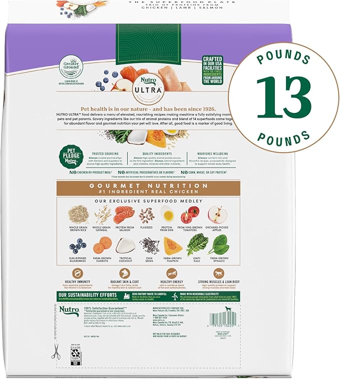 Nutro Ultra Adult Dry Dog Food with a Trio of Proteins from Chicken, Lamb and Salmon, 13 lb Bag