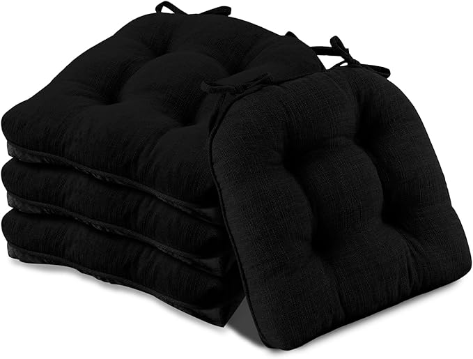 Basic Beyond Chair Cushions for Dining Chairs 4 Pack, Chair Cushion with Ties and Non Slip Backing, 15.5 x 15.5 inches Tufted Chair Pads for Dining Chairs(Black)