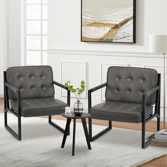COLAMY Accent Chairs Set of 2, Modern Accent Arm Chairs for Living Room, Comfy Leather Armchairs with Metal Legs for Bedroom Reception Room, Grey