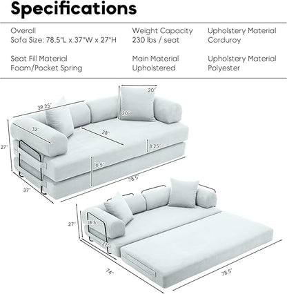Convertible Sleeper Sofa Bed, Folding Floor Sofa Bed with Fixed-Shape Frame, Corduroy Floor Sleeper Sofa with Storage Pocket, Futon Boneless Sofa Couch for Living Room, Mint Blue