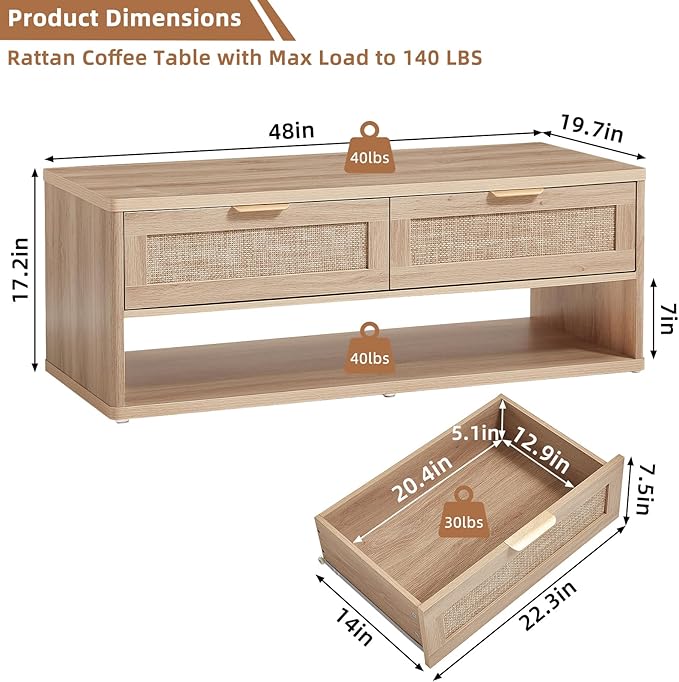 LEYAOYAO 48" Farmhouse Boho Rattan Coffee Table with 2 Woven Drawers,Rectangular Coffee Tables with Hidden Storage Compartment,Curved Profile Design,Wooden Center Table for Living Room,Natual Wood