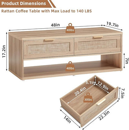 LEYAOYAO 48" Farmhouse Boho Rattan Coffee Table with 2 Woven Drawers,Rectangular Coffee Tables with Hidden Storage Compartment,Curved Profile Design,Wooden Center Table for Living Room,Natual Wood