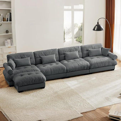 166" Grey Modular Sectional Sofa, 4 Seater Large Sectional Couches for Living Room, Velvet Fabric Oversized Fluffy Cloud Couch with Ottoman, Deep Seat Home Sofas Set, Sofá Moderno, L Shaped