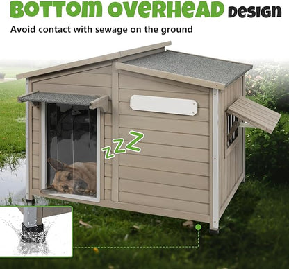Large Outdoor Wooden Dog House, Weatherproof Dog Houses with Adjustable Vent Windows, Alloy Chew-Resistant Frame, Removable Floor for Medium & Large Dogs (43.5" L x 29.5" W x 33.5" H)