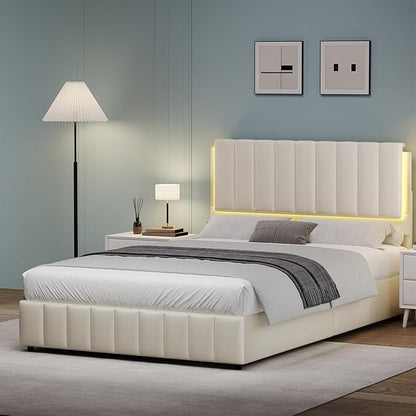 Queen Bed Frame with LED Lights and Headboard, Modern Upholstered Faux Leather Platform Bed with Wooden Slats Support, No Box Spring Needed, Easy Assembly, Cream