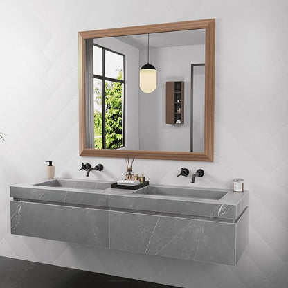 Amorho Bathroom Mirror, 40x36 Inch Wall Mirror, Walnut Wood Grain Metal Framed