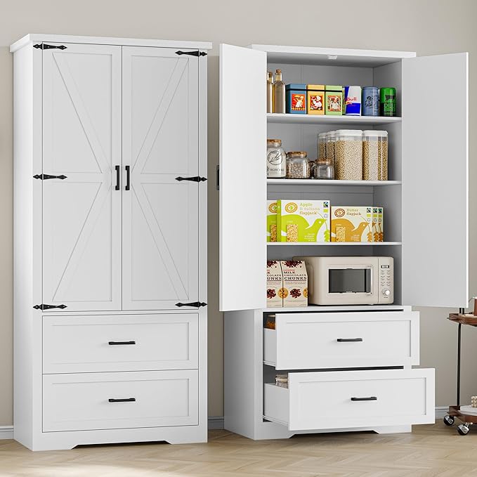 Pantry Organizers and Storage Cabinet, 71” Barn Door White Kitchen Cabinet
