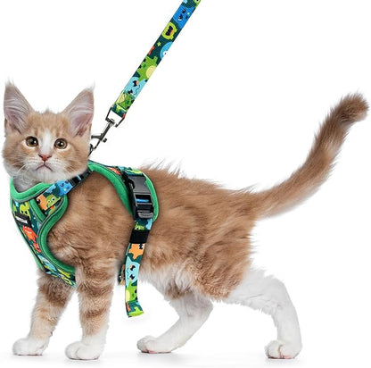 Halypet Cat Harness and Leash Set for Walking, Escape Proof Adjustable Vest Harness with 3-in-1 Integrated Buckles, Easy Control Soft Breathable Mesh with Reflective Strips for Cats, S Green Monster