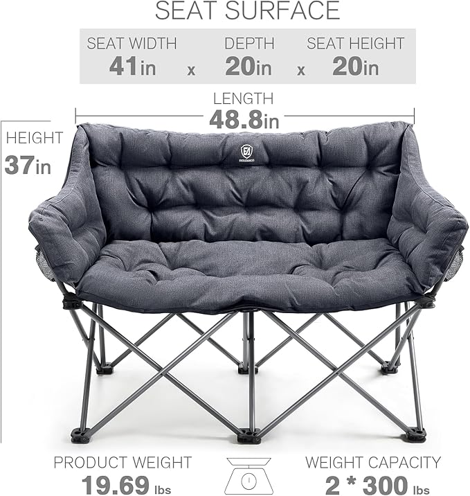 EVER ADVANCED Double Camping Chair for Adults, Padded Folding Camping Love Seat Bench with Side Pocket Portable Camping Couch, Two Person Heavy Duty Folding Outdoor Chair with Cushion,Support 600lbs