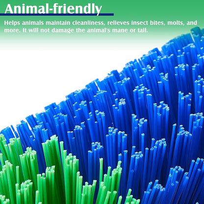 3 Pack Livestock Scratching Brush, Blue and Green | Animal Scratcher, Itch Relief Grooming, Horse Goat Cow Scratcher, Fence Post Mounting, Durable Bristles, Farm Livestock Care