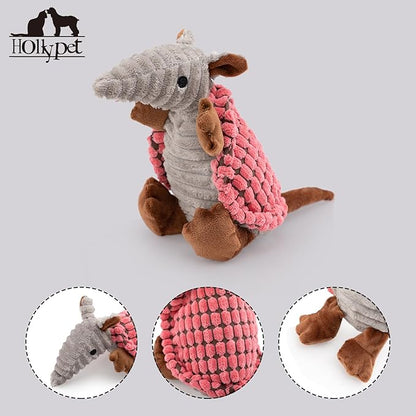 Hollypet Plush Dog Squeaky Toy Stuffed Armadillo Animal Pet Puppy Chew Toys with Clean Teeth for Small Medium Large All Breed Sizes Dogs, Bright Pink,8 in
