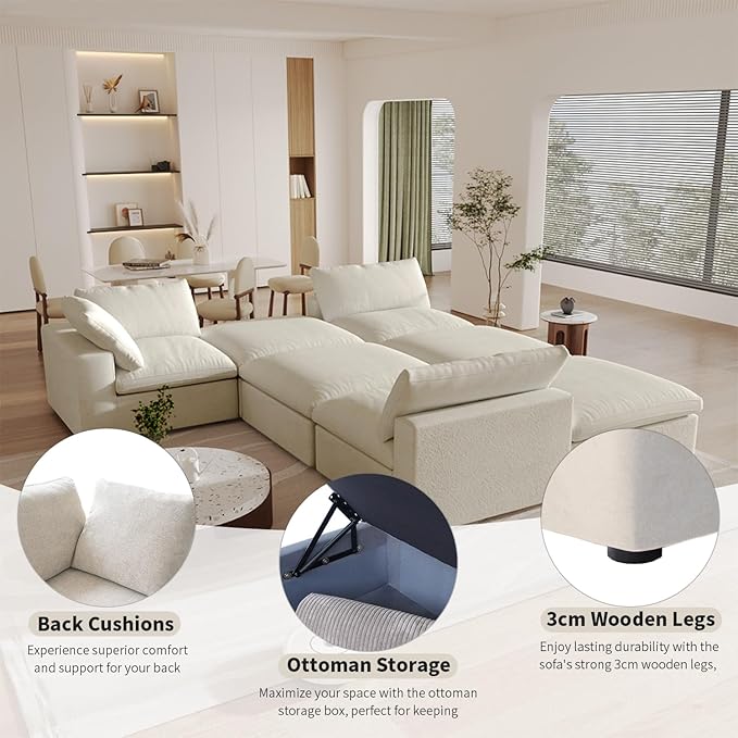 160" Cloud Couch Modular Sectional Sofa for Living Room,L Shaped Sofas with Storage Ottoman,Down Filled Convertible 6 Seater, Covers Washable&Replaceable (Khkai)