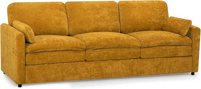 89” Chenille Sofa w/Arm Pillows, Upholstered 3-Seater Sofa w/Comfortable Back Cushions, Modern 3 Seats Couch w/High-Density Foam for Living Room, Apartment, Office, Yellow