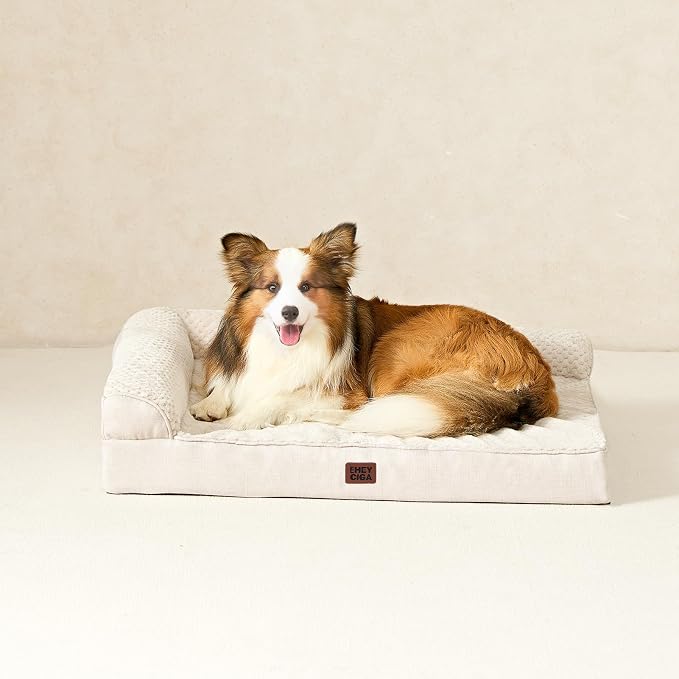 EHEYCIGA Orthopedic Dog Bed Medium Size, Memory Foam Dog Bed, Beige | Small Dog Sofa with Washable Removable Cover, Waterproof Pet Couch for Crate with Nonskid Bottom, 30x20x6