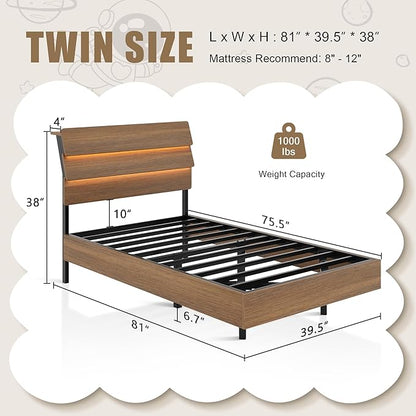 Twin Bed Frames with LED Light and Charging Station, Floating Wooden Bed Frame, Heavy Duty Metal Slats, No Box Spring Needed, Noise Free, Easy Assembly, Walnut