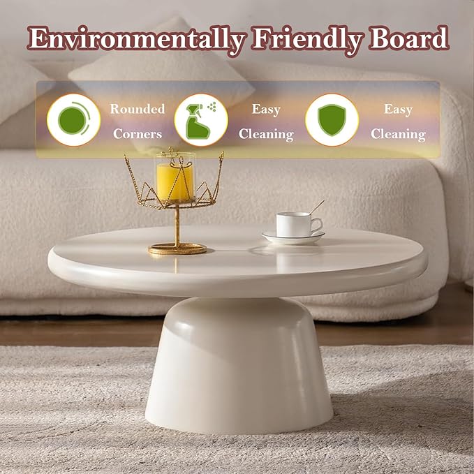 31.5in Cream White Coffee Table, Mid-Century Minimalist Round Low Floor Tea Table, with 19.69in Sturdy Pedestal, for Small Space (Cream White 31.5in)