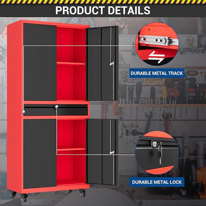 73" Metal Cabinet-Black & Red Heavy Duty Rolling Storage Cabinet Steel Tool