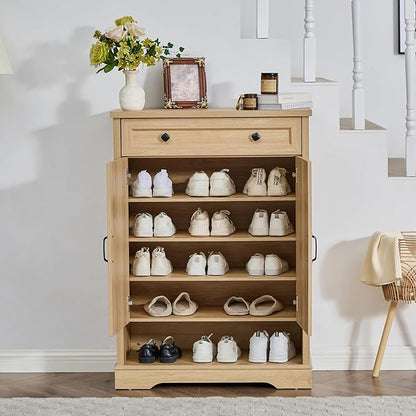 SOOWERY Shoe Cabinet with Drawer, Farmhouse Shoe Storage Cabinet with Doors