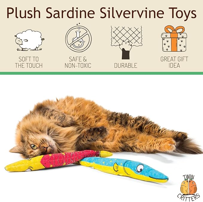 Silvervine Sardine 2-Pack Organic Catnip Substitute Toys for Cats & Kittens | 100% All-Natural Wild Harvested | 2 Refillable Sardine Kicker Cat Toys