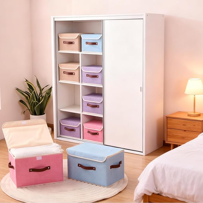 Storage Boxes with Lid Cotton Linen Fabric Storage Bins Organizer Container Decorative Collapsible Washable Shelf Baskets Faux Leather Handles for Home Bedroom Closet (Light Blue, Small)