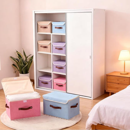 Storage Boxes with Lid Cotton Linen Fabric Storage Bins Organizer Container Decorative Collapsible Washable Shelf Baskets Faux Leather Handles for Home Bedroom Closet (Light Blue, Small)