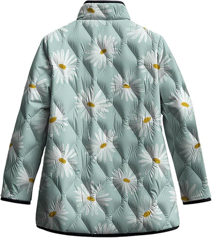LIZALIG Women's Cropped Puffer Jacket Lightweight Floral Print Long Sleeve Padded Quilted Puffy Cardigan Coat
