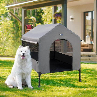 Veehoo 35" Dog House, 2-in-1 Large Dog House Outdoor Indoor Weatherproof, Outside Elevated Dog Cot Bed Dog Tent Shade, Three-Sided Breathable Mesh Windows and Sunshades, CWC2435CP