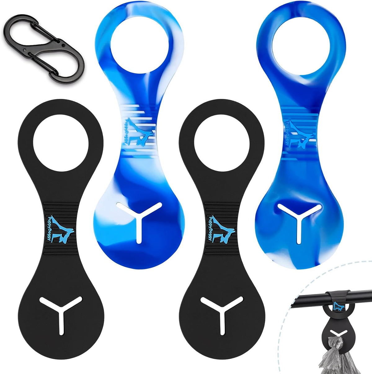 PuppyDoggy Dog Poop Bag Holder for Leash Waste Bag Carrier Dog Poop Bag Dispenser for Walking Running Bicycle Accessory 4 Pieces (Black + Mixed Blue)