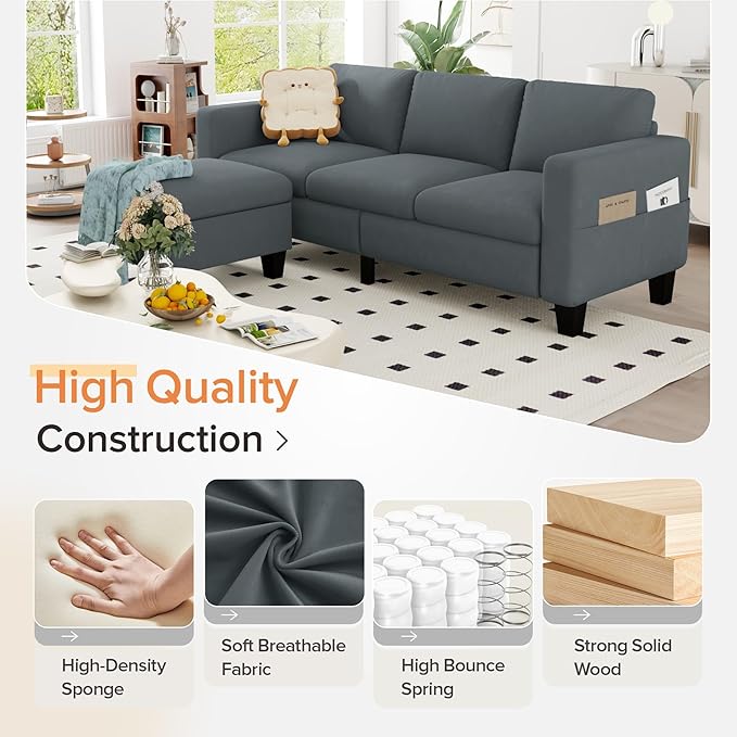 Sectional Sofa Couches for Living Room - 78''Convertible Modular Three-Seater L-Shaped Pet-Friendly Couch,Washable Sofa Cover-Bench Storage, Suitable for Small Living Room, Apartment,Office-Blue-Gray