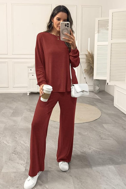 AmazingStar Womens Lounge Set 2025 Fall 2 Piece Outfits Long Sleeve Tops Wide Leg Long Pants Cozy Matching Sets Clothing