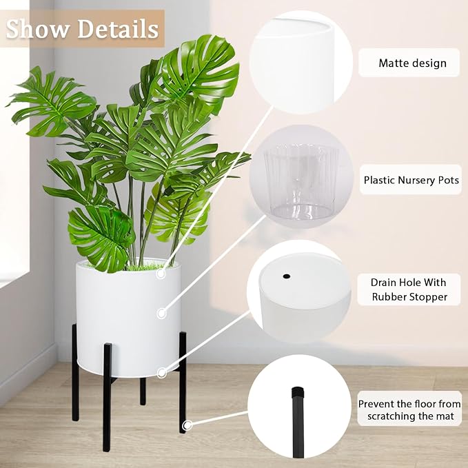 ARNIS Modern Plant Pots, Set of 2 Large Planters with Stand, Decorative Planters, Metal Pots with Drainage Holes for Living Room, Office, Garden or Balcony, 8.25 &10.5 Inch, White