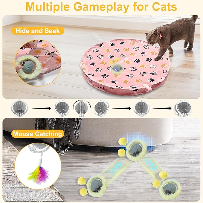 Interactive Cat Toys Ball, Automatic Motion Activated Ball in Pouch Fast Rolling Indoor, Hide and Seek Mouse Catching Game in Cat Play Mat with Chirping, LED Light, Auto On/Off (Pink)