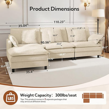 Claiks 110" Modular Sectional Sofa, Cloud Couch with Ottoman, L-Shaped 4-Seater Sofa in Chenille Fabric, Deep Seat Comfy Couch with Pillows for Living Room & Offices, Beige