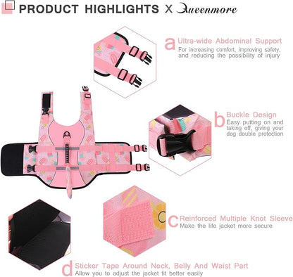 Dog Life Jacket High Flotation, Reflective Dog Life Vests for Swimming, Adjustable Dog Life Preserver Rescue Handle Spring Summer Pool for Small, Medium, Large Dogs (Pink Ice Cream,XL)