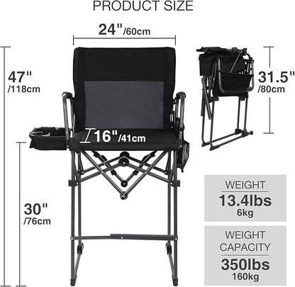 Stonehomy Portable 29" Seat Height Tall Folding Camping Chair High Foldable Directors Chair Bar Height Stool with Side Table and Storage Bag for Makeup Artist, Lawn,Craft Show,Supports 350LBS Black