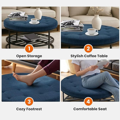 Ottoman Coffee Table with Upholstered Tufted Linen Fabric, Round Center Table with Storage Large Footrest Ottoman for Living Room Navy Blue