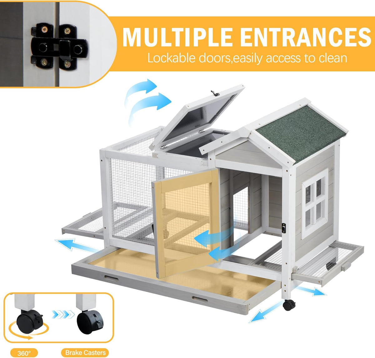 Wooden Rabbit Hutch with Waterproof Roof,Outdoor/Indoor Bunny Cage with Removable Slide-Out Bottom Tray, Chewproof Rabbit cage for Small-Medium Animals (Guinea Pigs, Hedgehogs)